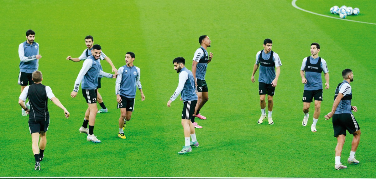 Al Arabi players take part in a training session, yesterday. Pictures: Mohammed Farag / The Peninsula