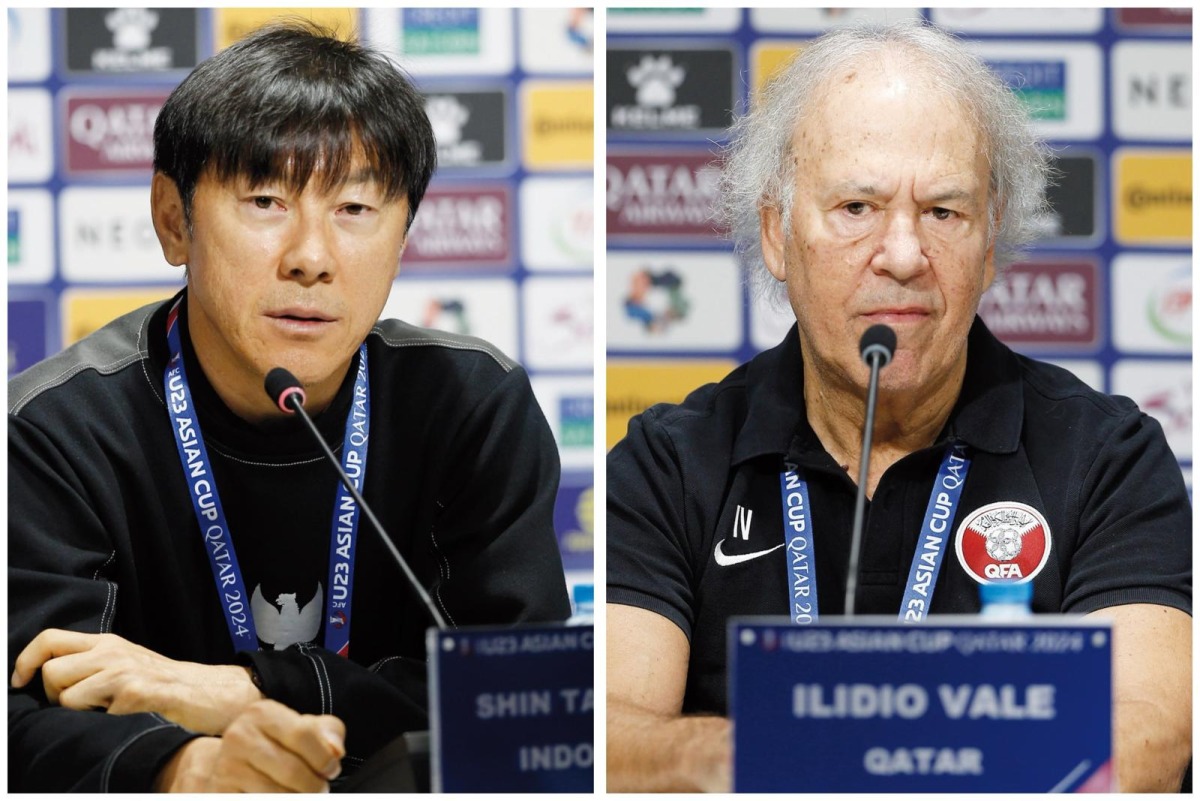 Qatar coach Ilidio Vale (left) and Indonesia coach Shin Tae-yong during a press conference yesterday. PICS: Rajan Vadakkemuriyil / The Peninsula   