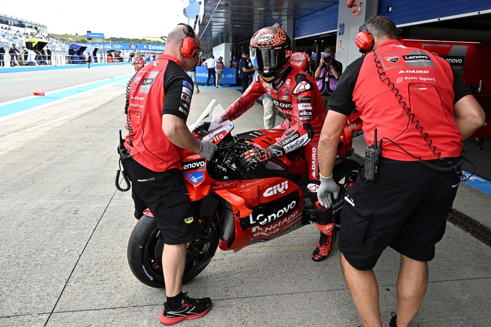 Ducati Italian rider Francesco Bagnaia leaves the box during a practice session of the MotoGP Spanish Grand Prix at the Jerez racetrack in Jerez de la Frontera on April 26, 2024. (Photo by JAVIER SORIANO / AFP)
