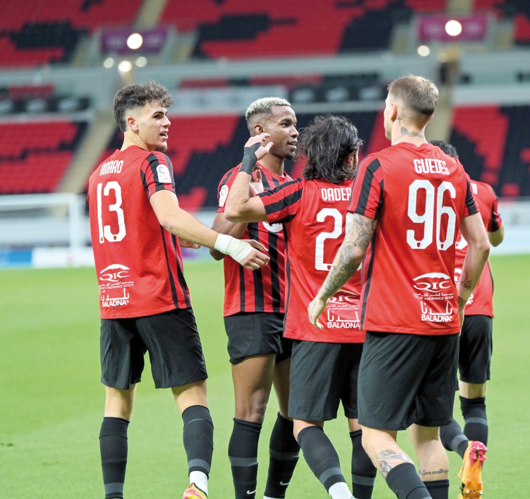 Al Rayyan players celebrate during match against Al Sadd at Ahmad Bin Ali Stadium yesterday.