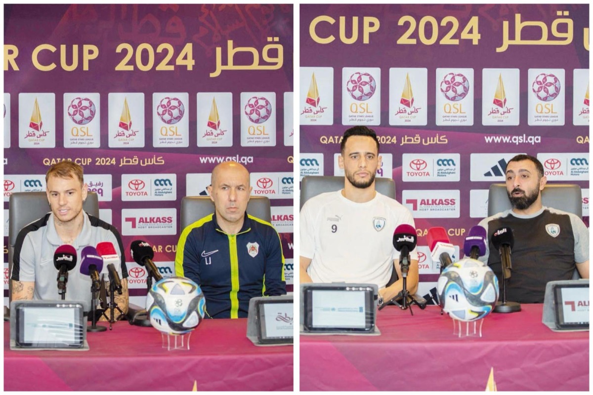 Al Rayyan's forward Roger Guedes and coach Leonardo Jardim, and Al Wakrah's  Mohamed Benyettou and coach Ali Rahma Al Marri during a press conference yesterday