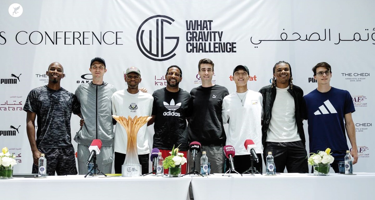 From left: Puerto Rico's Luis Castro Rivera, Ukraine’s Bohdan Bondarenko, Qatar's Mutaz Barshim, Cuba's World record holder Javier Sotomayor, New Zealand’s Hamish Kerr, South Korea's Sanghyeok Woo and USA’s JuVaughn Harrison pose for a photograph. PIC: what gravity challenge