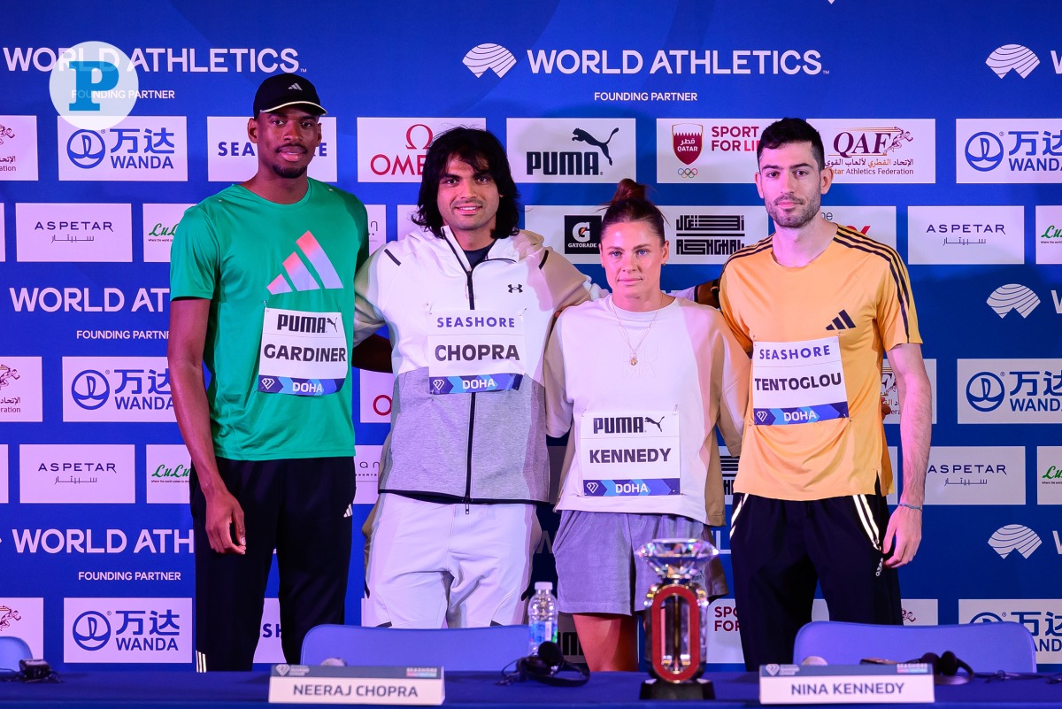 Bahamian sprinter Steven Gardiner, India’s Neeraj Chopra, pole vaulter Nina Kennedy, and long jump maestro Miltiadis Tentoglou pose for a photograph after a pre-event press conference, yesterday. Pictures: Mohamed Farag / The Peninsula