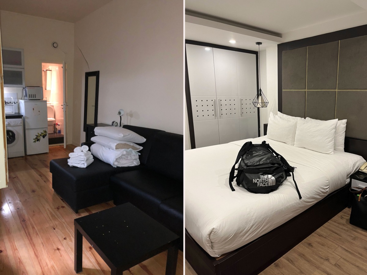 The reporter's Paris apartment in March 2018, featuring no actual bed (left) and A $30 hotel room in Hanoi, but no window. Natalie Compton/The Washington Post
