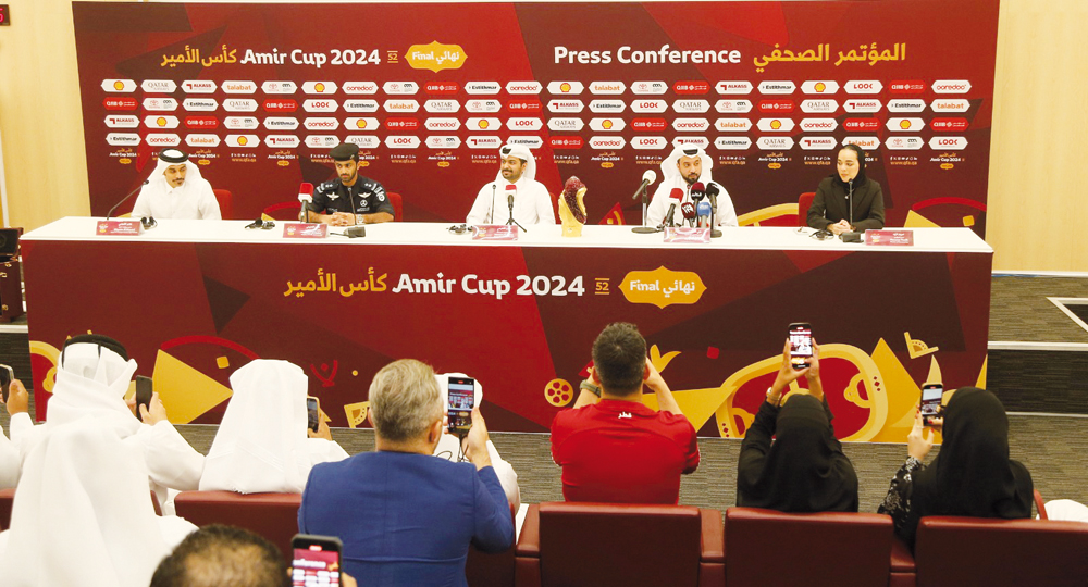 FROM LEFT: Head of Transportation Operations Ghanem Al Kuwari, Stadium Traffic Commander Nasser Al Naimi, Venues Operations Manager Hassan Al Naimi, Deputy Manager of Media Ali Al Salat and QFA Representative Maryam Nazih during a press conference yesterday.     
