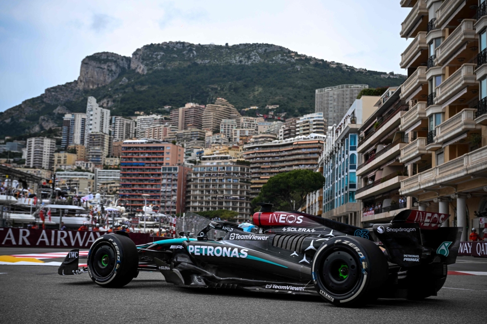 Mercedes' British driver George Russell drives during the first practice session of the Formula One Monaco Grand Prix on May 24, 2024 at the Circuit de Monaco, two days ahead of the race. (Photo by NICOLAS TUCAT / AFP)