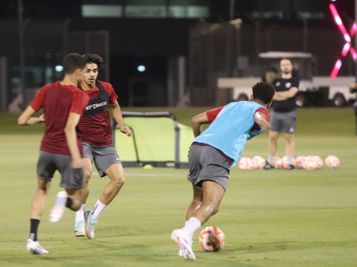 Qatar players during an open training session at Aspire training pitch yesterday.