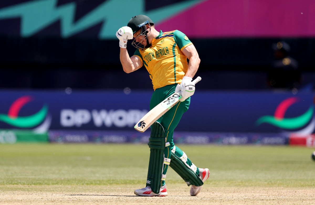  David Miller of South Africa celebrates following the team's victory in the ICC Men's T20 Cricket World Cup West Indies & USA 2024 match between Netherlands and South Africa at Nassau County International Cricket Stadium on June 08, 2024 in New York (Photo by ROBERT CIANFLONE / GETTY IMAGES NORTH AMERICA / Getty Images via AFP)
