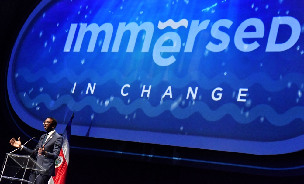 The Secretary of State for the Sea and Biodiversity of France, Hervé Berville, speaks during the opening of the Immersed Change Ocean Protection Summit in San Jose on June 7, 2024. (Photo by Ezequiel Becerra / AFP)