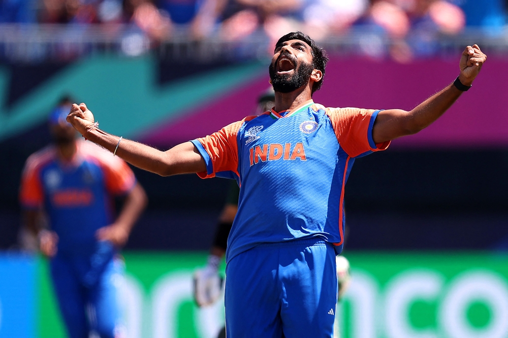 Jasprit Bumrah celebrates after dismissing Azam Khan of Pakistan during the ICC Men's T20 Cricket World Cup West Indies & USA 2024 match between India and Pakistan at Nassau County International Cricket Stadium on June 09, 2024 in New York, New York. (Photo by Robert Cianflone/Getty Images/AFP)
