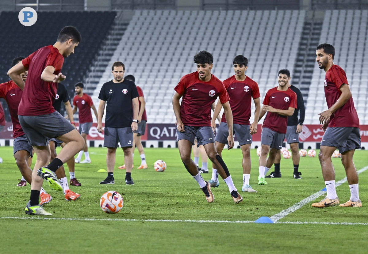 Qatar players in action during a training session at the Jassim Bin Hamad Stadium, yesterday. Pictures: Mohamed Farag / The Peninsula