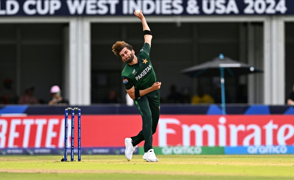 Pakistan's Shaheen Shah Afridi bowls during the ICC men's Twenty20 World Cup 2024 group A cricket match between Pakistan and Ireland at Central Broward Park & Broward County Stadium in Lauderhill, Florida on June 16, 2024. (Photo by Chandan Khanna / AFP)
