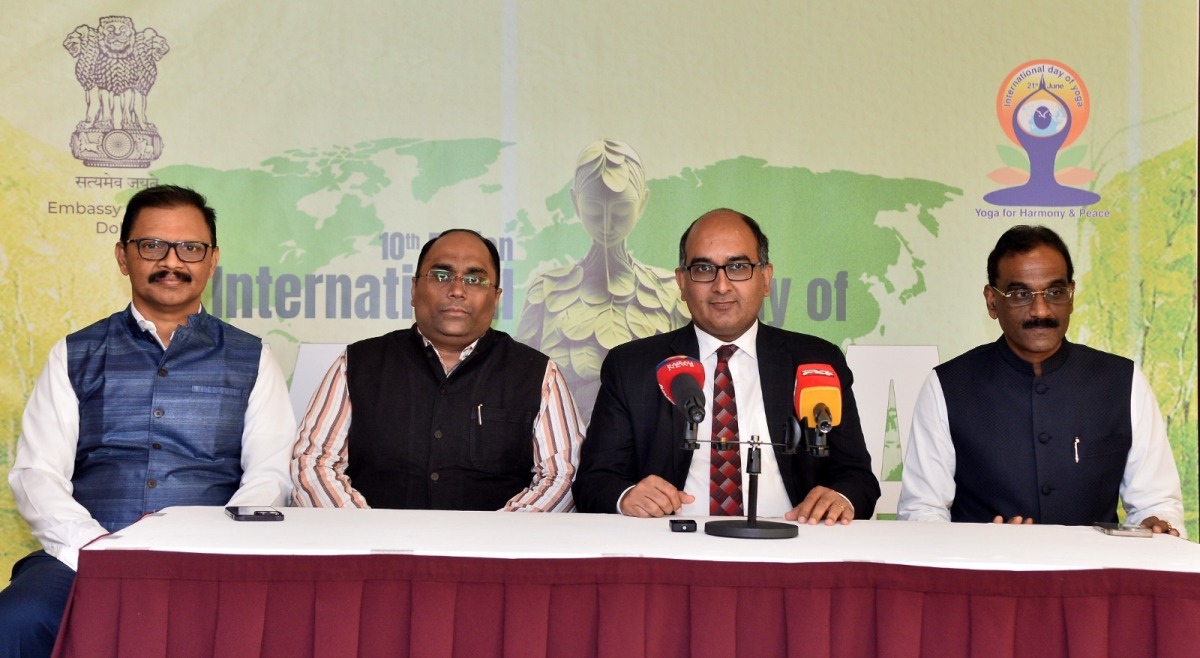 Ambassador of India to Qatar H E Vipul (second right) with other officials during a press conference in Doha yesterday.