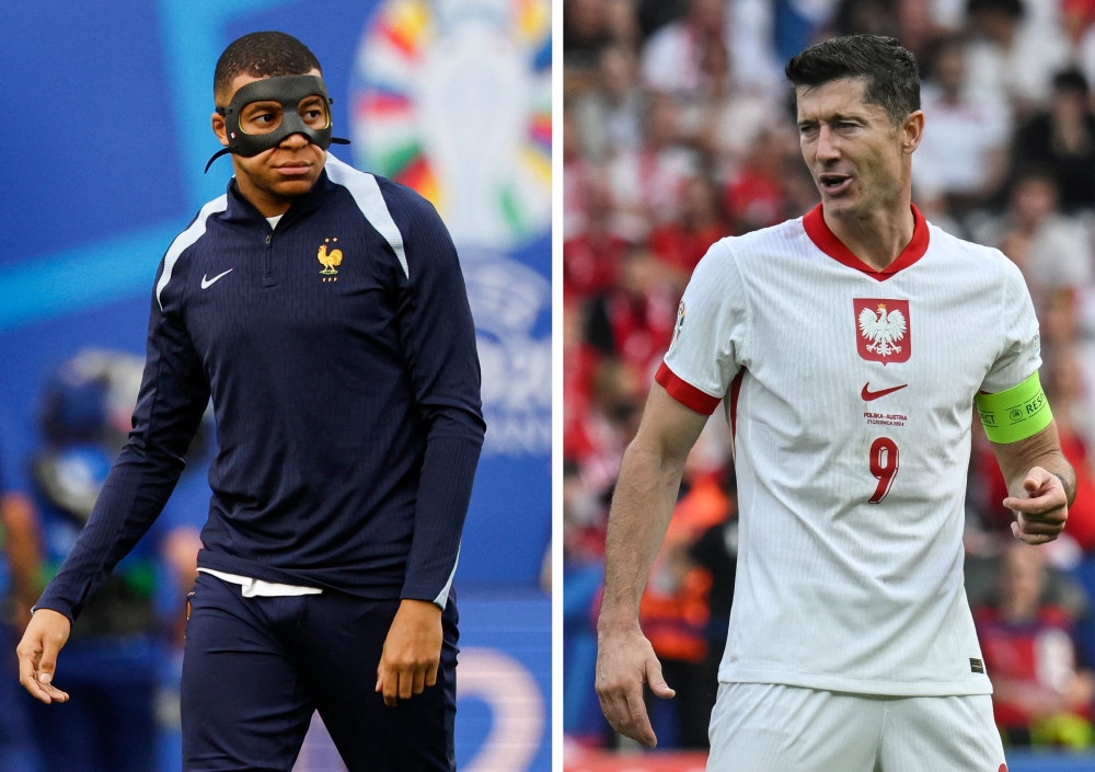 Combination pictures show France's forward #10 Kylian Mbappe (L) wearing a protective face mask and Poland's forward #09 Robert Lewandowski (R) receiving a yellow card. (Photo by Odd Andersen and Fabrice Coffrini / AFP)