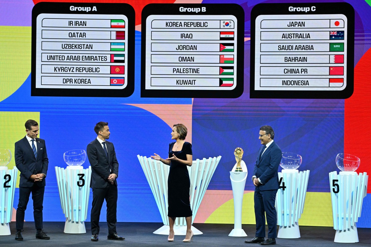 Former Japan footballer Shinji Okazaki (second left) and former Iran footballer Mehdi Mahdavikia (right) stand on stage after the 2026 World Cup qualifying draw for Asian teams in Kuala Lumpur, yesterday. AFP photo.