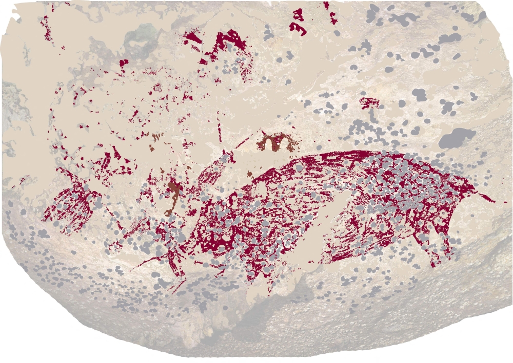 This handout image released by Griffith University on July 3, 2024, shows a 51,000-year-old artwork which was first spotted in a cave on Indonesia's Sulawesi island in 2017. (Photo by Griffith University / AFP) 