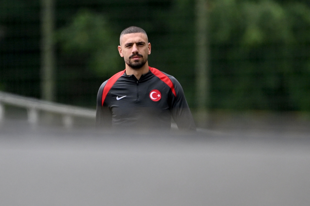 Turkey's defender Merih Demiral #03 attends a training session at the team's base camp in Barsinghausen on July 5, 2024, during their MD-1 training ahead of their UEFA Euro 2024 football match against Netherlands. (Photo by Ozan Kose / AFP)