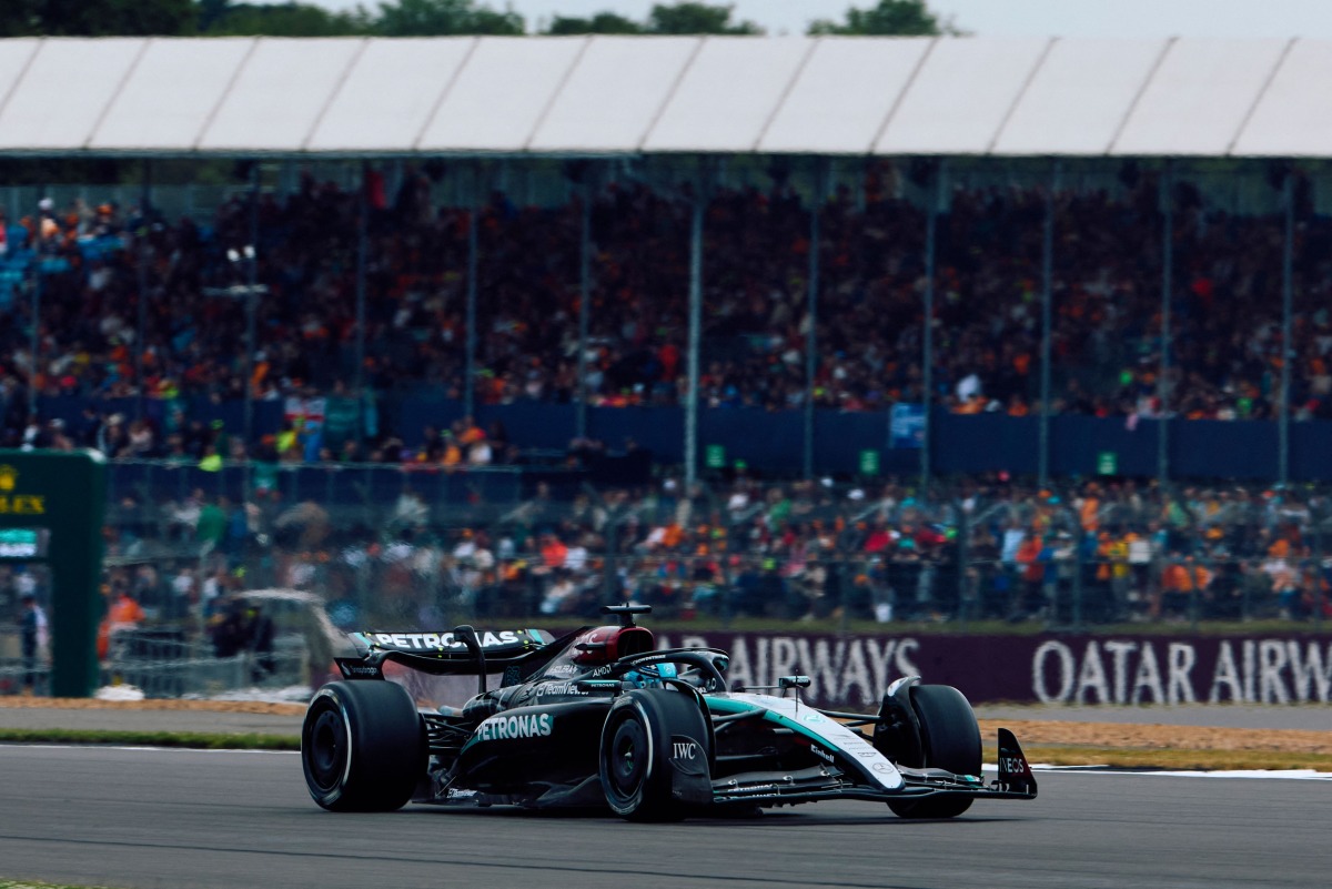 Mercedes' British driver George Russell takes part in the first practice session ahead of the Formula One British Grand Prix at the Silverstone motor racing circuit in Silverstone, central England, on July 5, 2024. (Photo by BENJAMIN CREMEL / AFP)