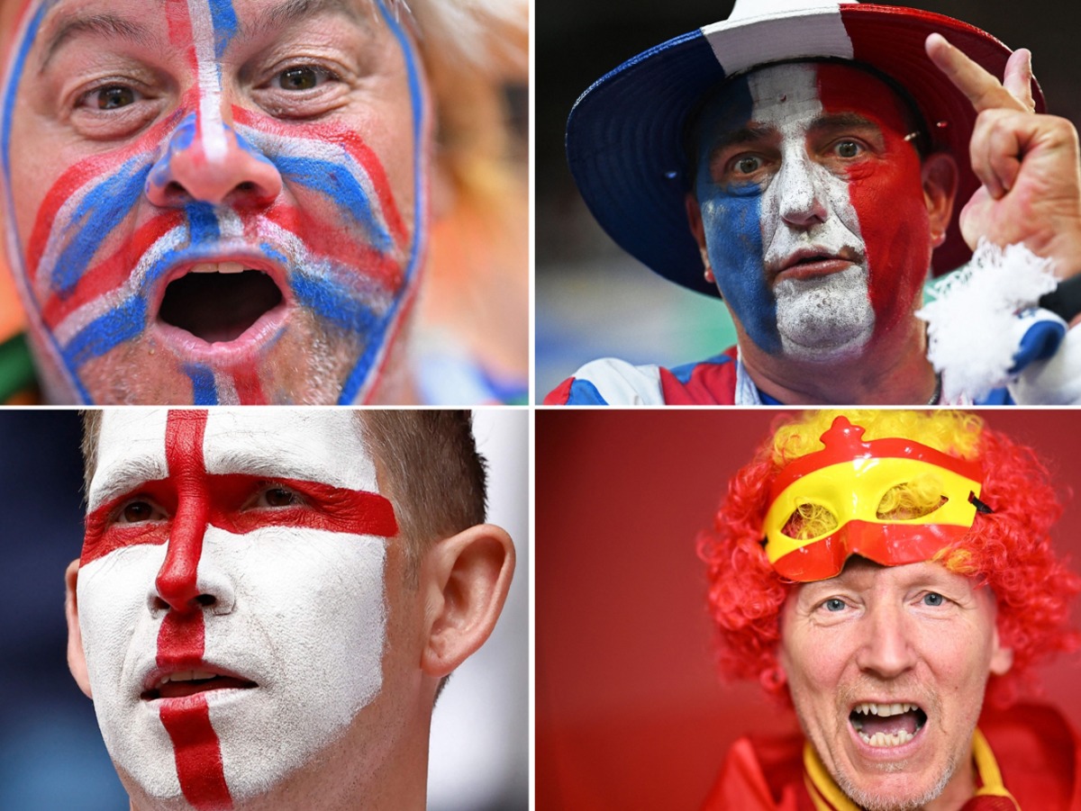 Combination pictures of supporters of Netherlands, France, Spain and England created on July 7, 2024. (Photos by Ozan Kose, Kirill Kudryavtsev and Kenzo Tribouillard / AFP)