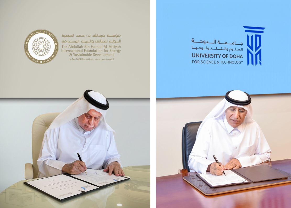 Chairman of the Al Attiyah Foundation, H E Abdullah bin Hamad Al Attiyah (left) and UDST President Dr. Salem Al Naemi signing the document. 
