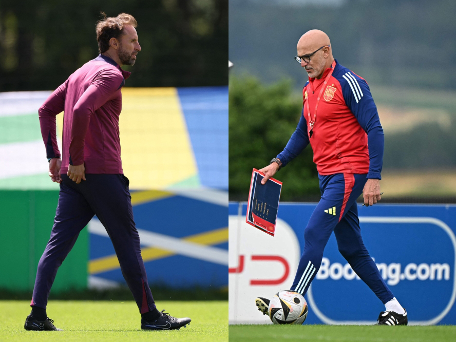 England's head coach Gareth Southgate (left) (Photo by Adrian Dennis / AFP) and Spain's head coach Luis de la Fuente on July 13, 2024. (Photo by Javier Soriano / AFP)

