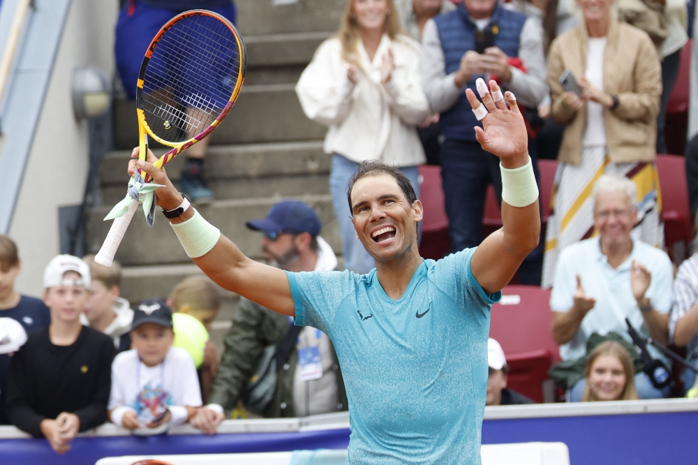 Spain's Rafael Nadal celebrates after winning his men's singles match of the ATP Nordea Open tennis tournament against Sweden's Leo Borg, in Bastad, Sweden, on July 16, 2024. (Photo by Adam Ihse/TT / TT News Agency / AFP)