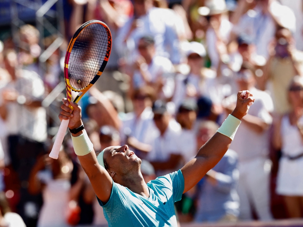 Spain's Rafael Nadal celebrates after winning his men's semi-final singles match of the ATP Nordea Open tennis tournament against Croatia's Duje Ajdukovic, in Bastad, Sweden, on July 20, 2024. (Photo by Adam Ihse/TT / TT News Agency / AFP) 