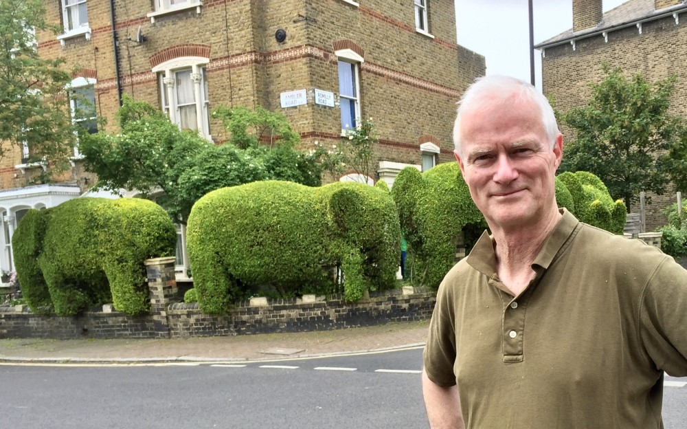 Tim Bushe with the elephant hedges in North London that he cut in 2012. (Courtesy of Tim Bushe)