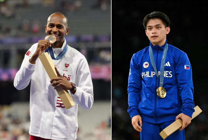 Qatar's Mutaz Barshim (left) and Philippines' Carlos Yulo receive their bronze and gold medal during the Paris 2024 Olympic Games. Pics: QOC / AFP

