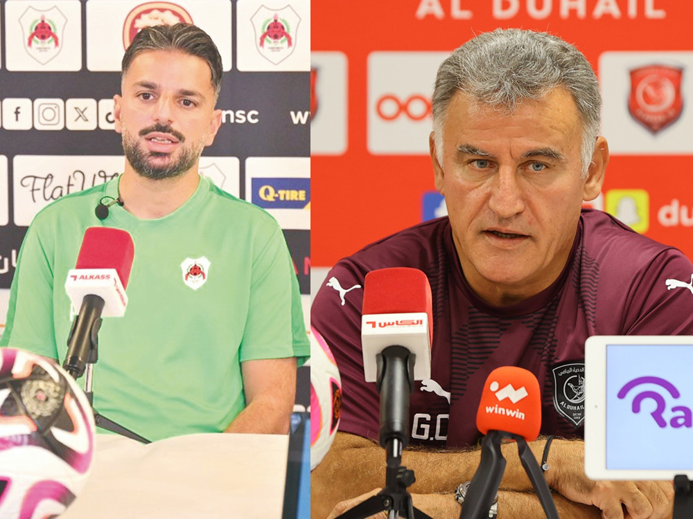 Al Rayyan coach Poya Asbaghi Poya Asbaghi (L) and Al Duhail coach Christophe Galtier