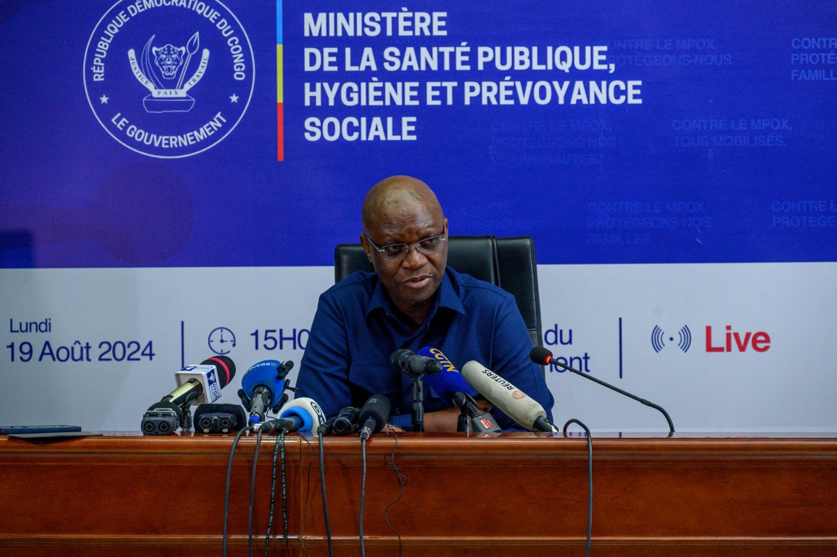 Democratic Republic of Congo Health minister Samuel-Roger Kamba addresses a press conference in Kinshasa on August 19, 2024 Cases of the mpox virus are rising in Democratic Republic of Congo (DRC), as the central African country awaits vaccines from the United States and Japan, the health minister said on Monday. Photo by Hardy_Bope / AFP.