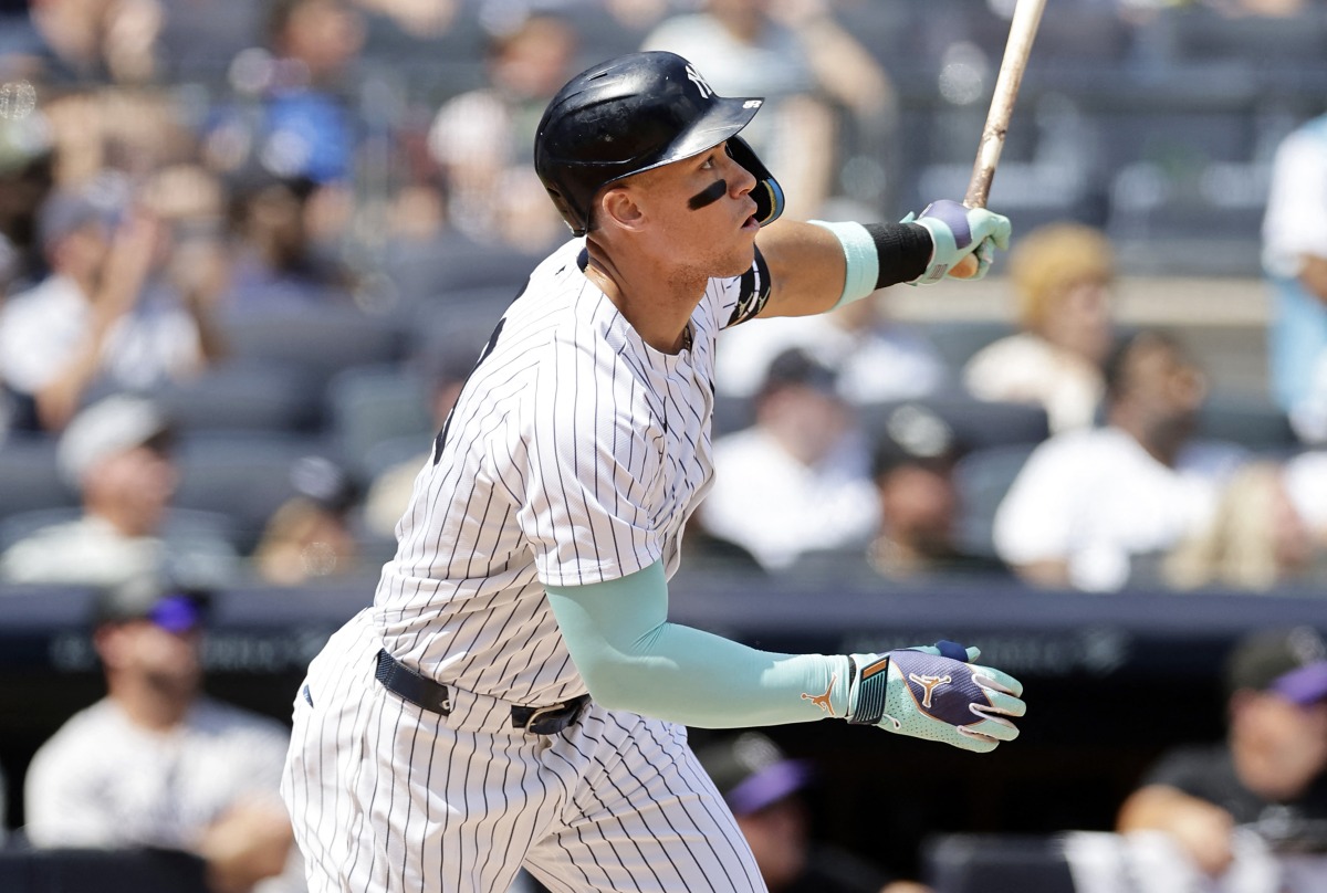 Aaron Judge #99 of the New York Yankees follows through on his first inning two run home run against the Colorado Rockies at Yankee Stadium on August 25, 2024 in New York City. (Photo by Jim McIsaac / GETTY IMAGES NORTH AMERICA / Getty Images via AFP)
