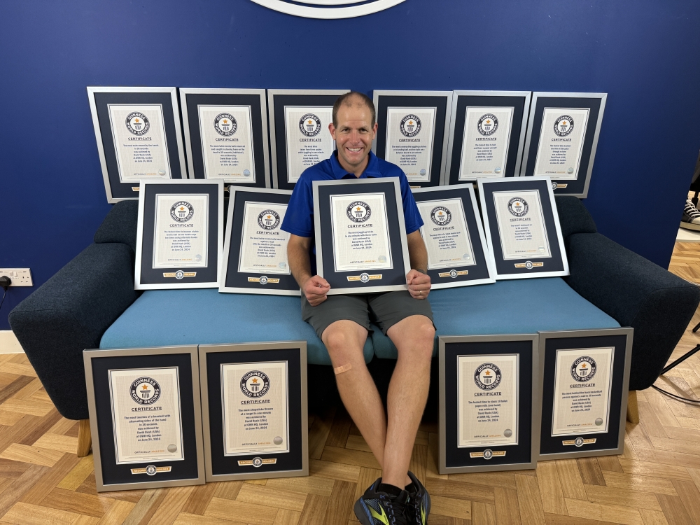 David Rush broke 15 records on June 24, 2024 at Guinness World Records headquarters in London. (Photo by Michael Whitty for The Washington Post)

