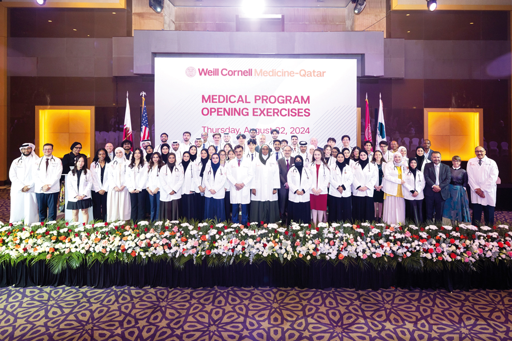 New WCM-Q medical students with Dr. Javaid Sheikh, dean, and other faculty members.