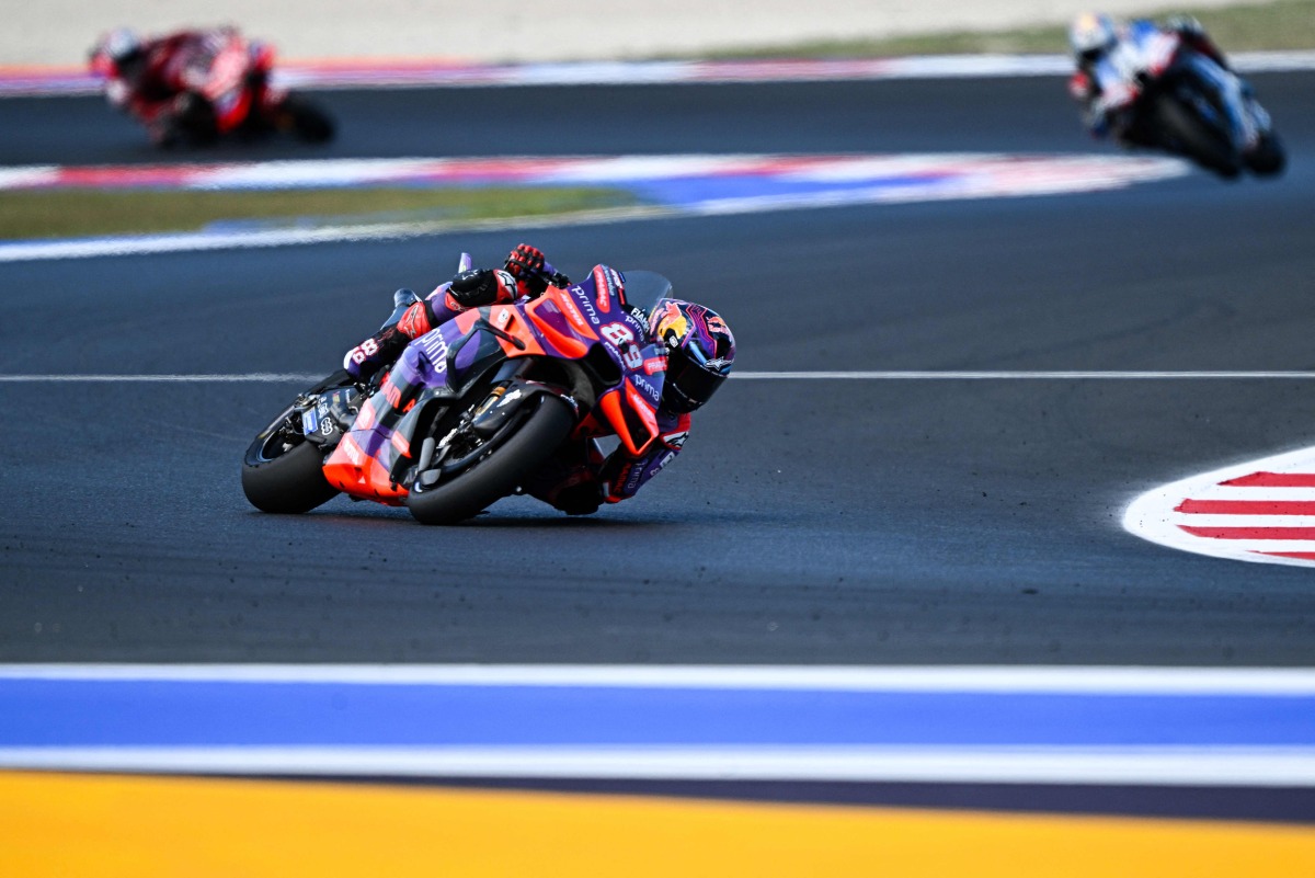 Ducati Spanish rider Jorge Martin rides during the first practice session of the San Marino MotoGP Grand Prix at the Misano World Circuit Marco-Simoncelli in Misano Adriatico on September 6, 2024. (Photo by GABRIEL BOUYS / AFP)
