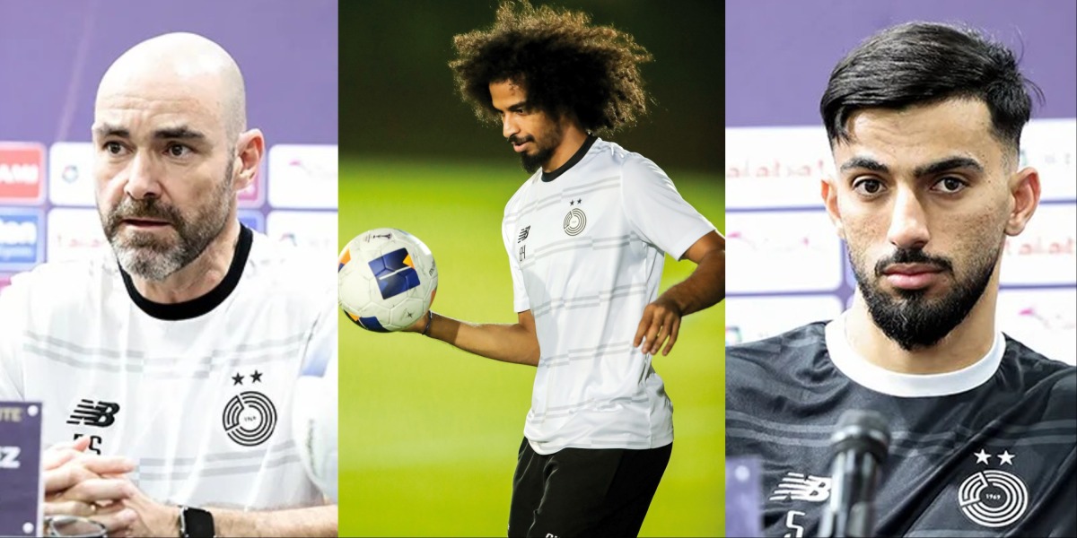 (L) Al Sadd coach Felix Sanchez speaks during a press conference yesterday. (M) Al Sadd's Akram Afif during a training session. (R) Al Sadd midfielder Tarek Salman during the press conference. 