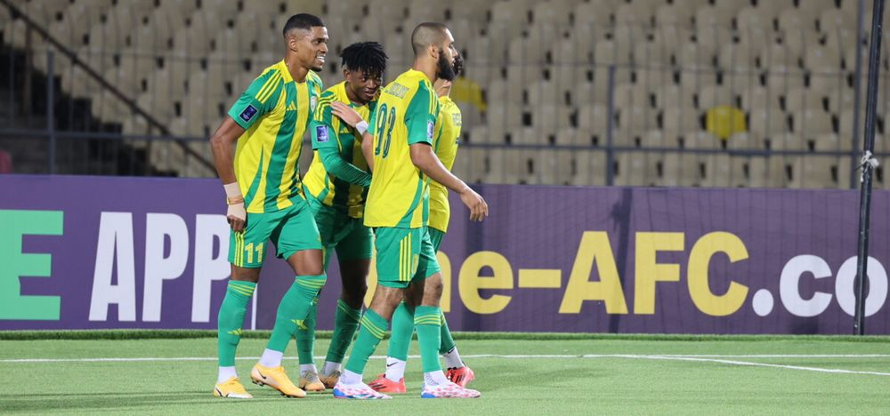 Al Wakrah’s Gelson Dala (centre) celebrates with teammates after scoring a goal against FC Ravshan yesterday.   