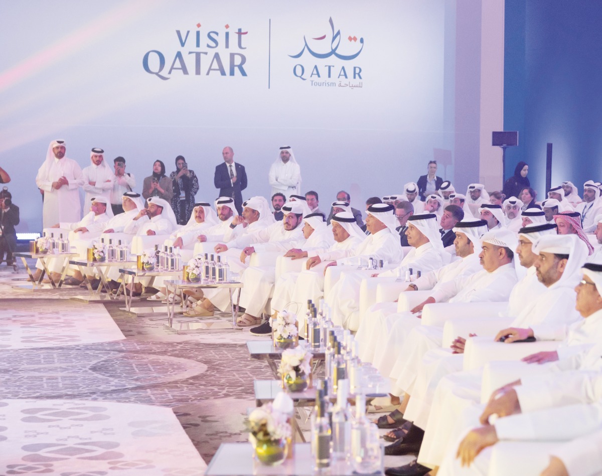 Prime Minister and Minister of Foreign Affairs H E Sheikh Mohammed bin Abdulrahman bin Jassim Al Thani, Speaker of the Shura Council H E Hassan bin Abdullah Al Ghanim, Minister of Finance H E Ali bin Ahmed Al Kuwari, Minister of Transport H E Jassim bin Saif Al Sulaiti and Chairman of Qatar Tourism H E Saad bin Ali Al Kharji during the event.