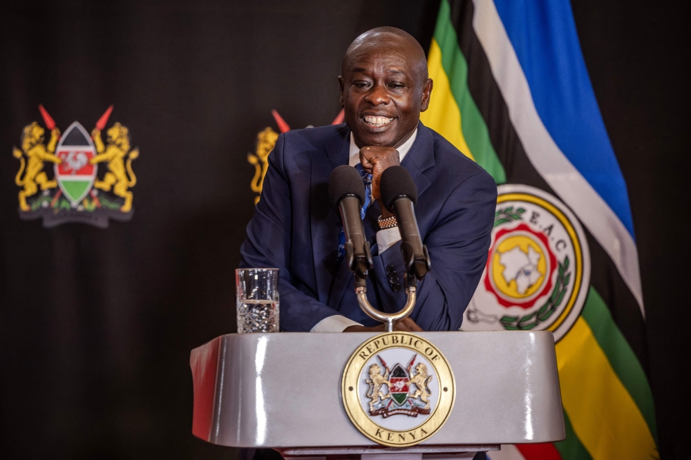 Deputy President of Kenya, Rigathi Gachagua, reacts as he addresses the media during a press conference at his official residence in Nairobi, on October 7, 2024, ahead of the National Assembly vote on his impeachment motion. (Photo by Luis Tato / AFP)