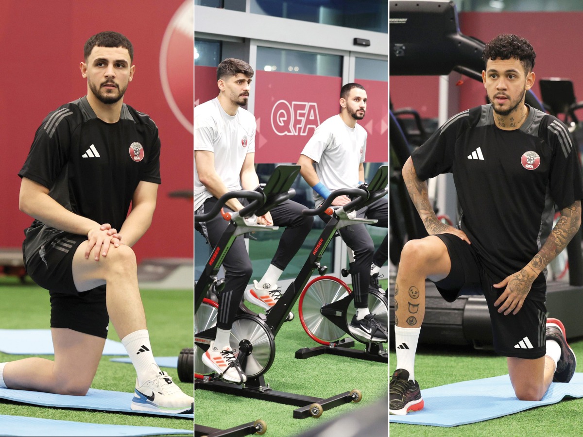 Qatar players during a gym training session yesterday.