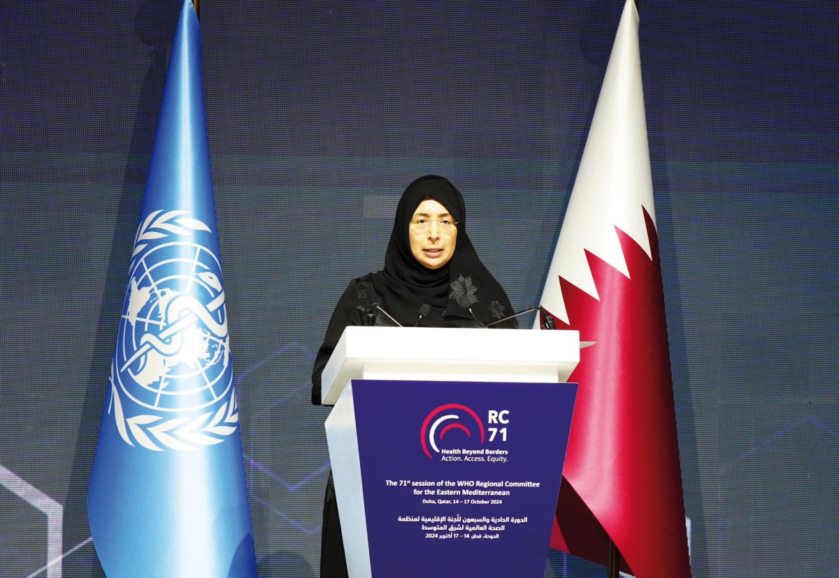 Minister of Public Health H E Dr Hanan Mohamed Al Kuwari addressing the opening ceremony yesterday