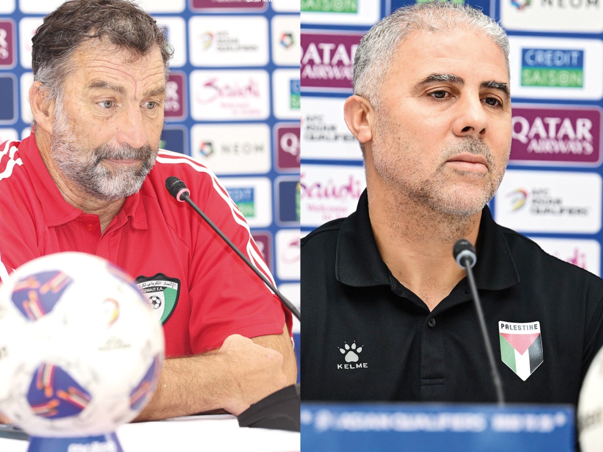 Kuwait coach Juan Antonio Pizzi (left) and Palestine coach Makram Daboub