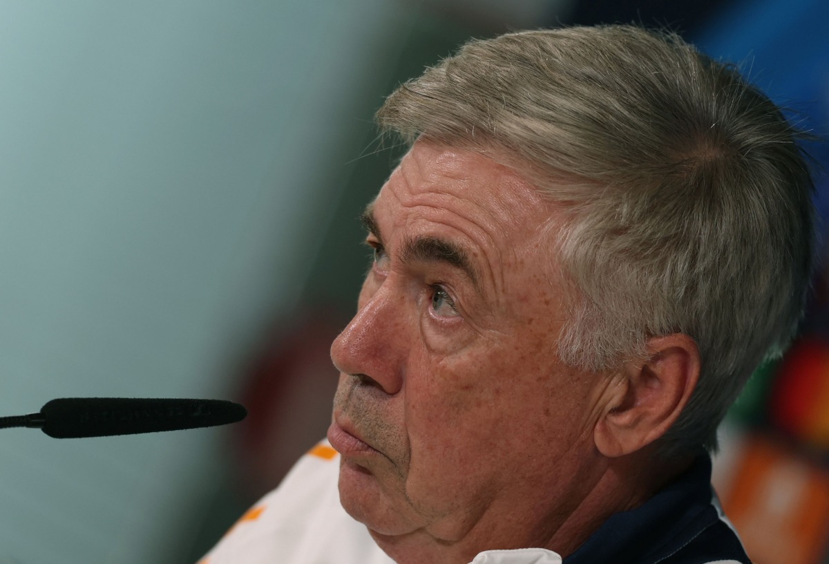 Real Madrid's Italian coach Carlo Ancelotti gives a press conference at the Valdebebas training ground in Madrid on October 21, 2024 on the eve of the UEFA Champions League, league phase day 3 football match between Real Madrid CF and Borussia Dortmund. (Photo by Pierre-Philippe MARCOU / AFP)
