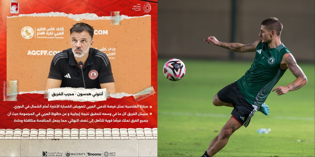 Al Arabi coach Anthony Hudson speaks during a press conference (on the left), and Al Arabi's Italian midfielder Marco Verratti during a training session (on the right).