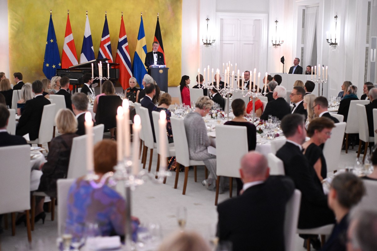 King Frederik X of Denmark speaks during a dinner with the heads of State of Sweden, Denmark, Finland, Iceland and Norway to mark 25th anniversary of the Nordic Embassies, at Bellevue presidential palace on October 21, 2024. Photo by Sebastian Gollnow / POOL / AFP.
