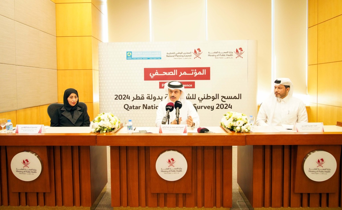 Sheikh Dr. Mohamed bin Hamad Al Thani (centre), Director of the Non-Communicable Diseases Prevention Programs at the Ministry of Public Health; Saud Al Shammari (right) Assistant Director of the Department of Censuses, Surveys and Statistical Methods at the National Planning Council; and Dr Hanan Alyafei, Senior Consultant in Home Care at HMC addressing a press conference yesterday.