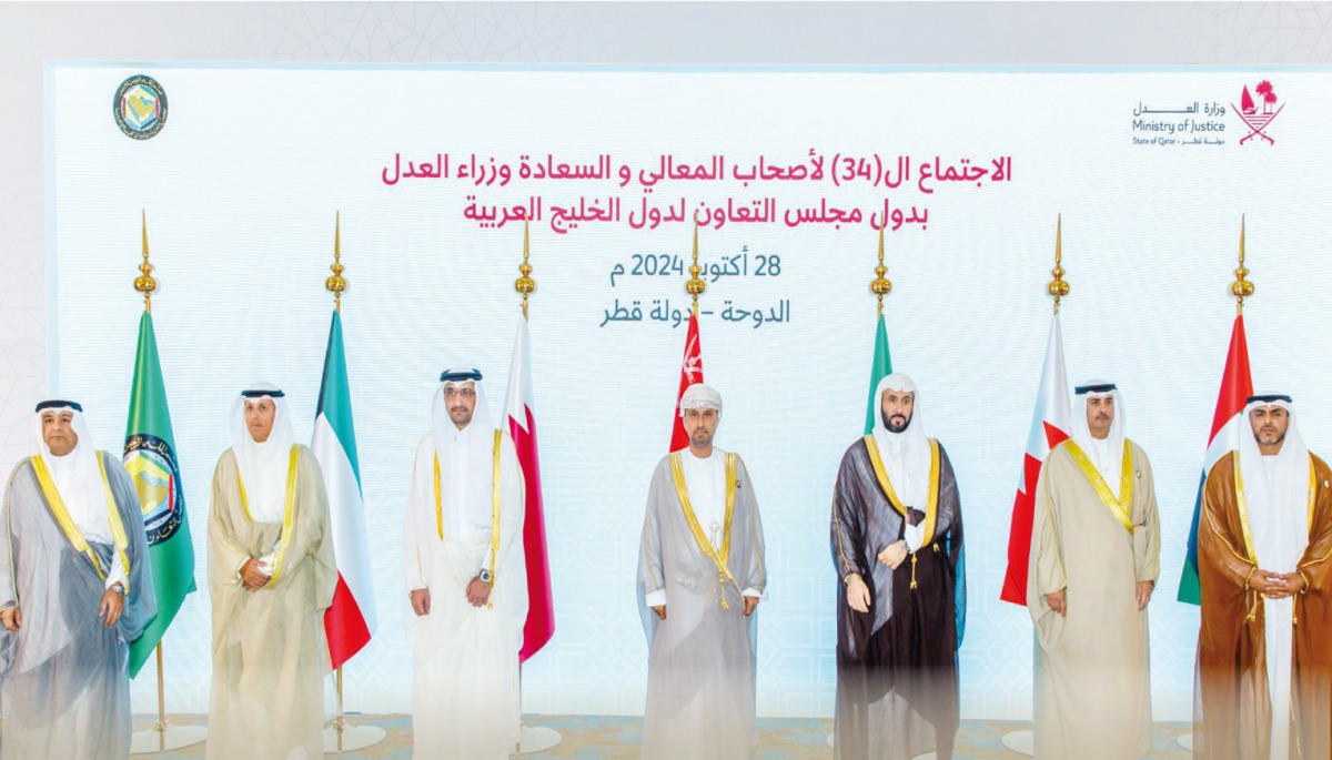 Minister of Justice and Minister of State for Cabinet Affairs H E Ibrahim bin Ali Al Mohannadi (third left) with Their Excellencies ministers of justice of the GCC countries during the event.