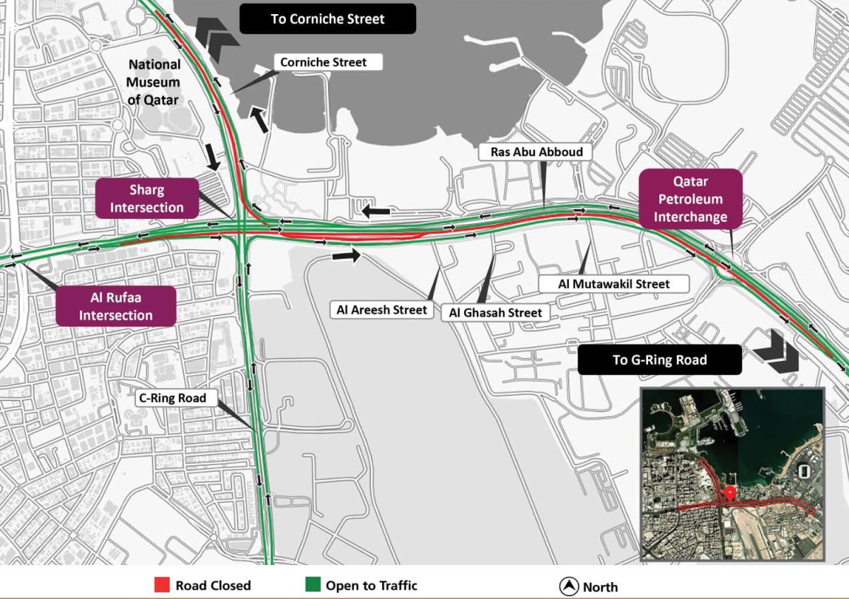 Map showing closure of tunnel from Corniche to Ras Abu Abboud Expressway.