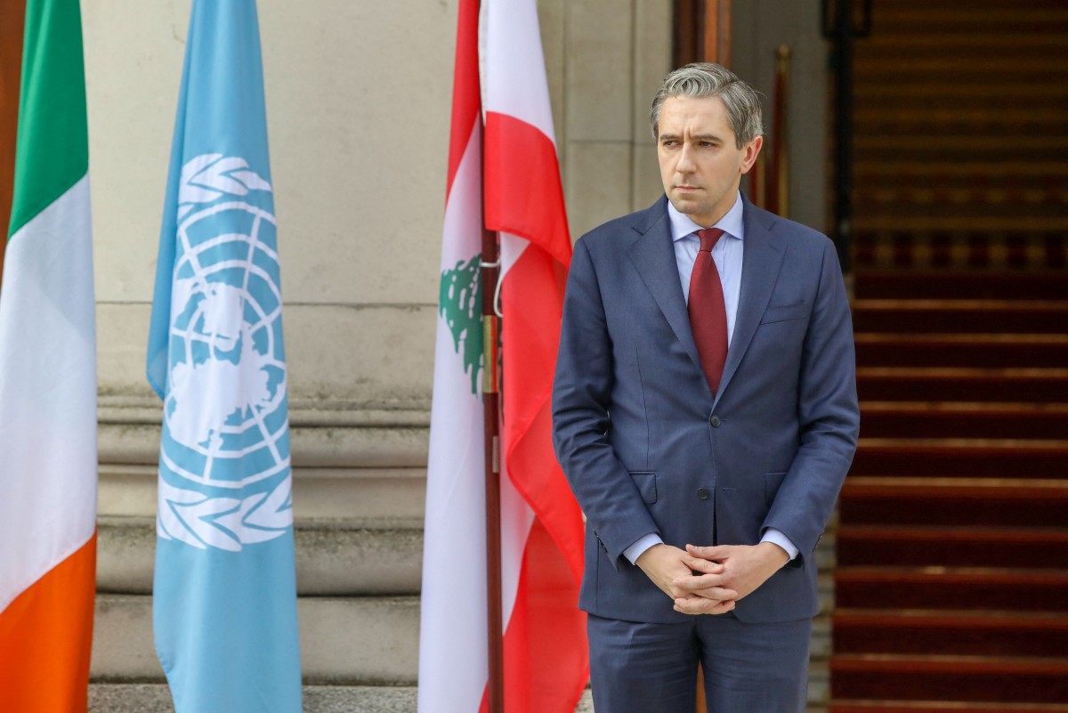 Ireland's Prime Minister Simon Harris awaits the arrival of Lebanon's Prime Minister Najib Mikati at Government Buildings, Tithe an Rialtais, in Dublin, on October 25, 2024. Photo by PAUL FAITH / AFP.