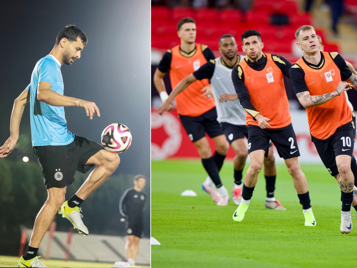 Al Sadd's Boualem Khoukhi in action during a training session (left) and Al Rayyan players attend team's training session.